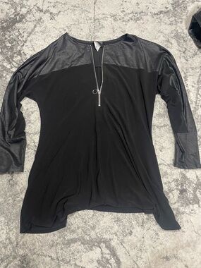 Women's Black Zip-Front Tunic with Faux-Leather Panels